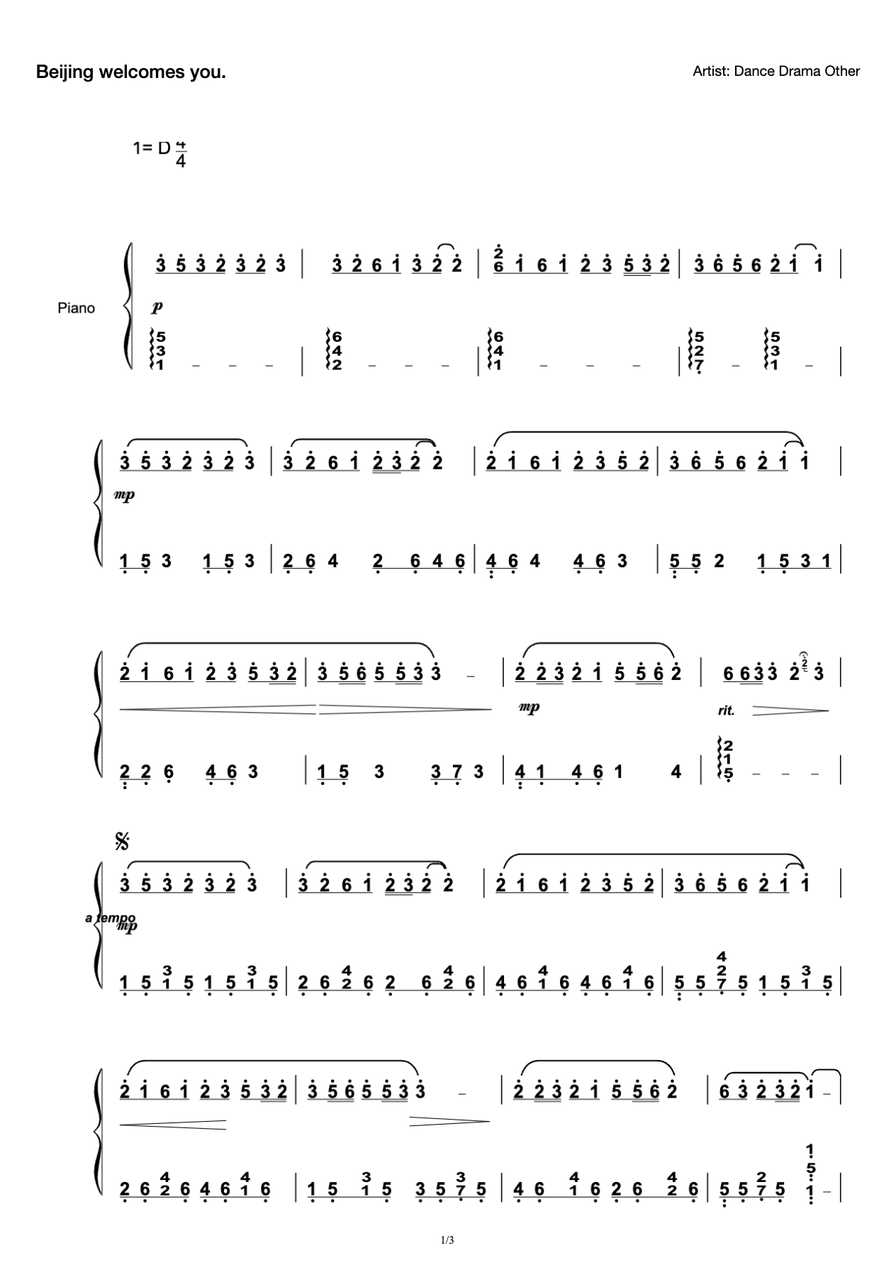 "Beijing welcomes you" perfect piano version preview