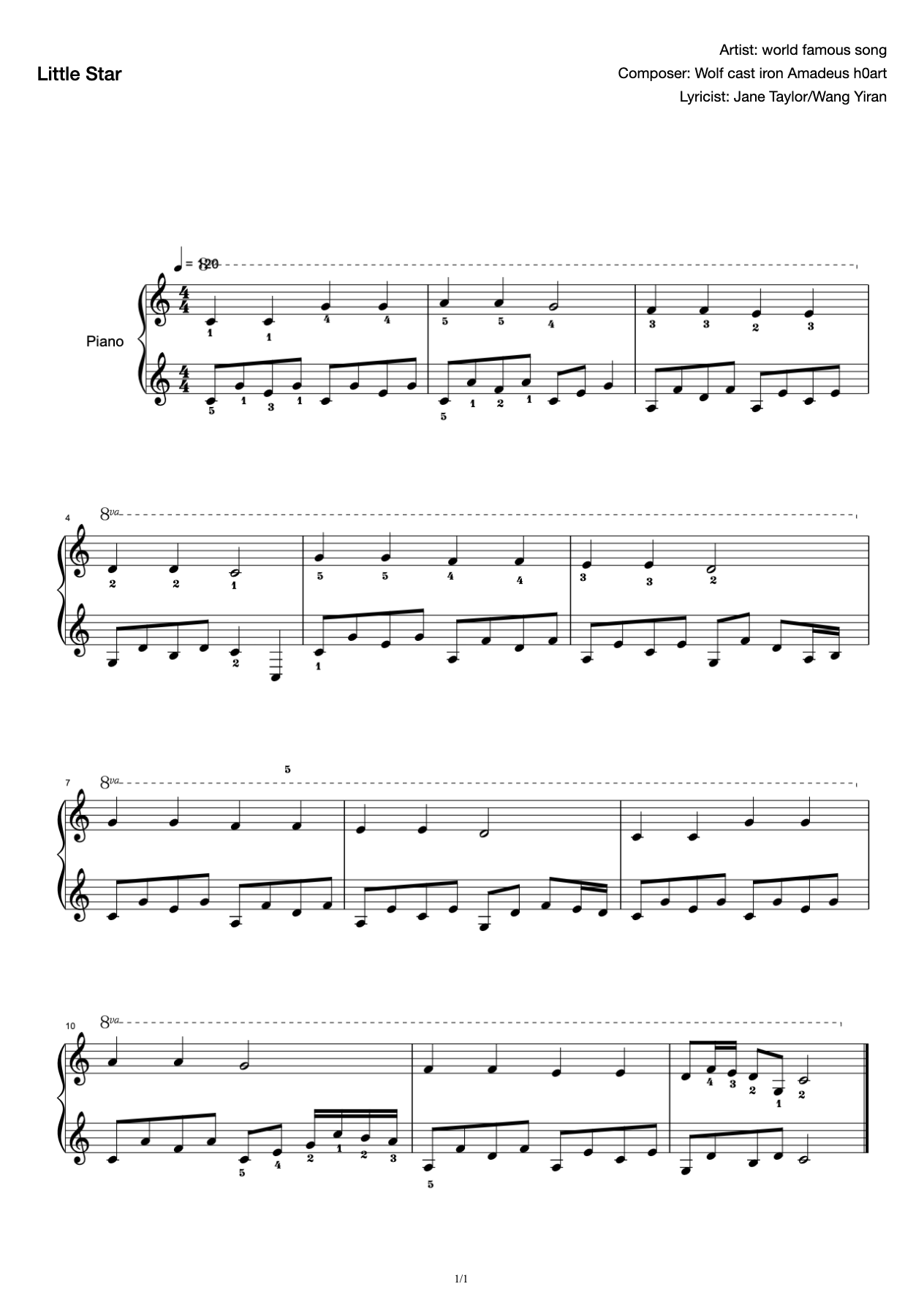 Little Star (the easiest spectrum in the song) with fingering preview