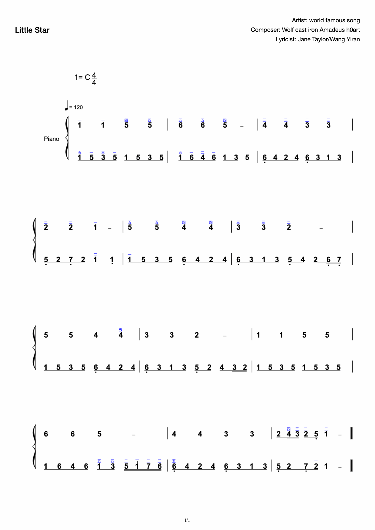 Little Star (the easiest spectrum in the song) with fingering preview