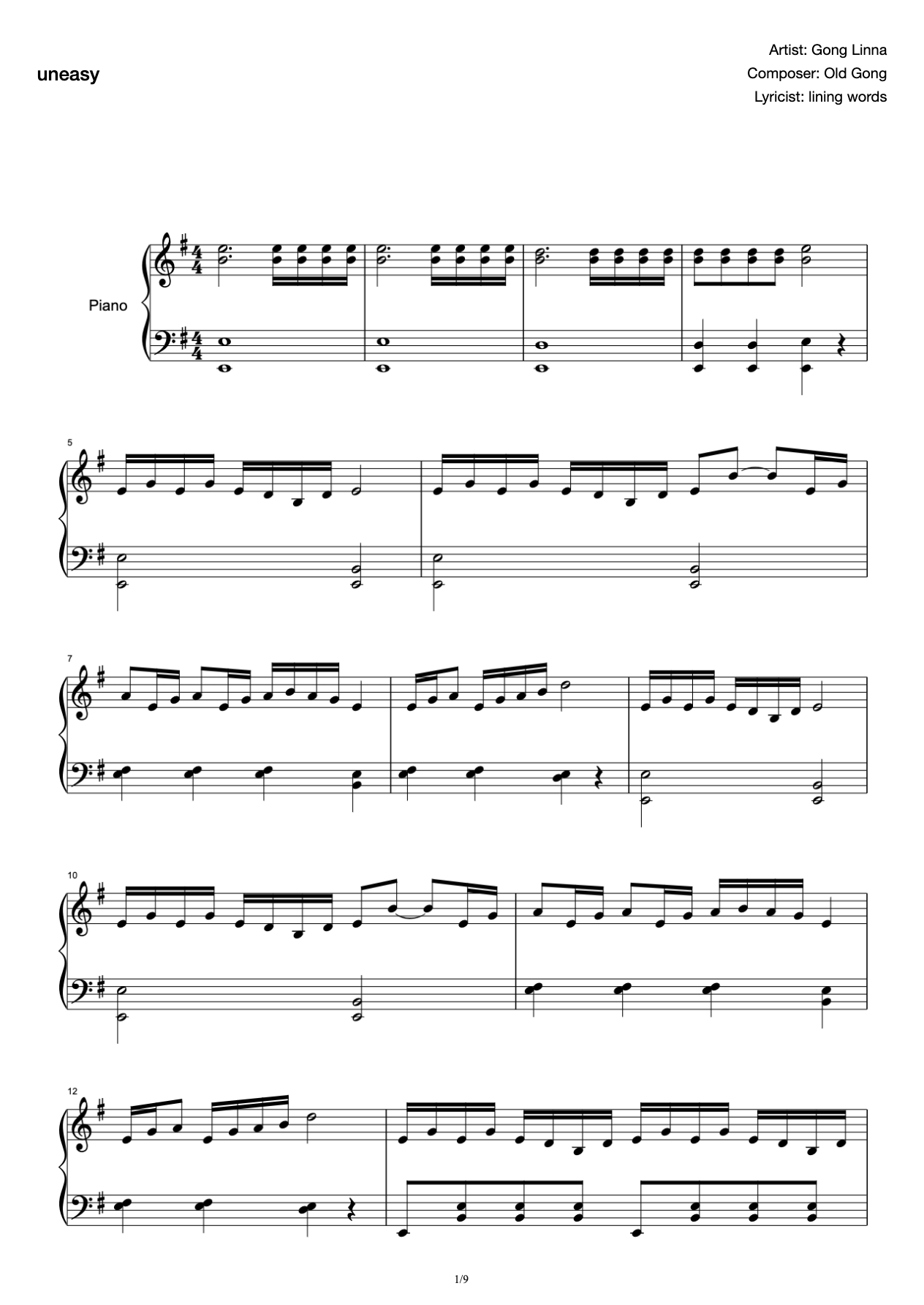 Uneasy pure piano score preview