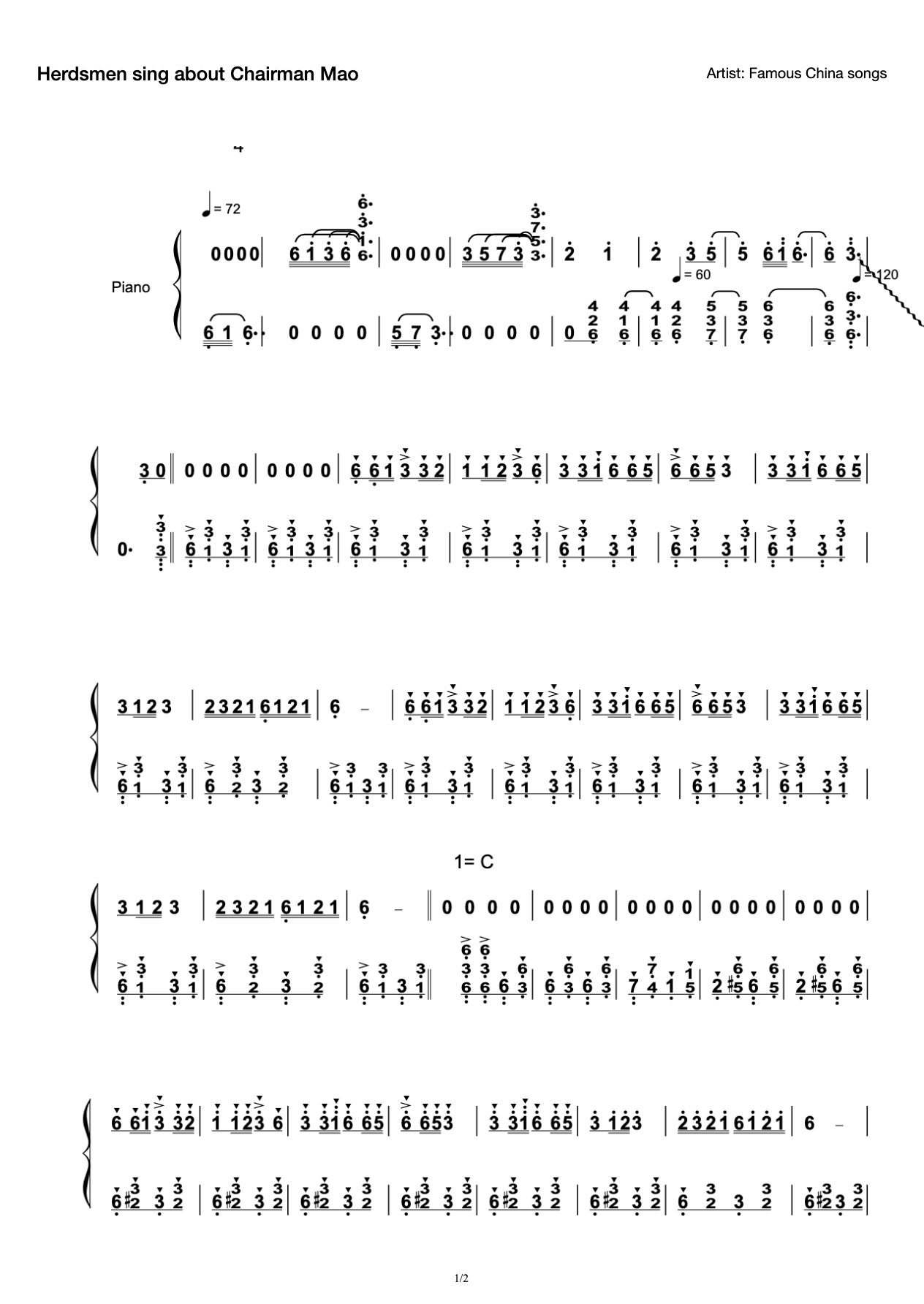 Herdsmen Singing Chairman Mao-Wu Yinfei Transference Practice Edition preview