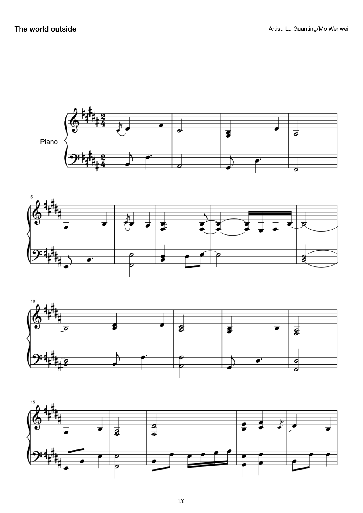 Accompaniment Score of Karen Mok Version of "The Outside World" preview