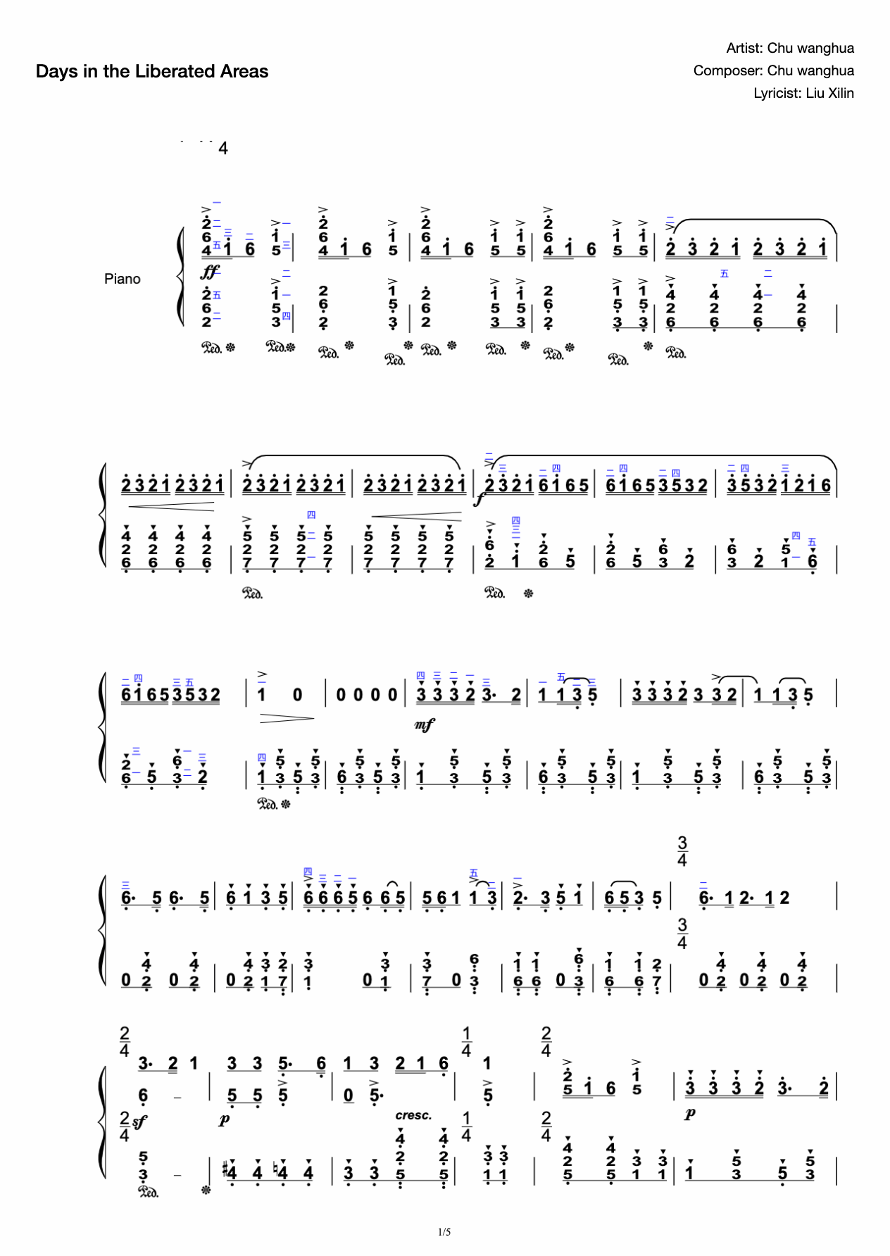 The days of the liberated area (full version) with fingering preview