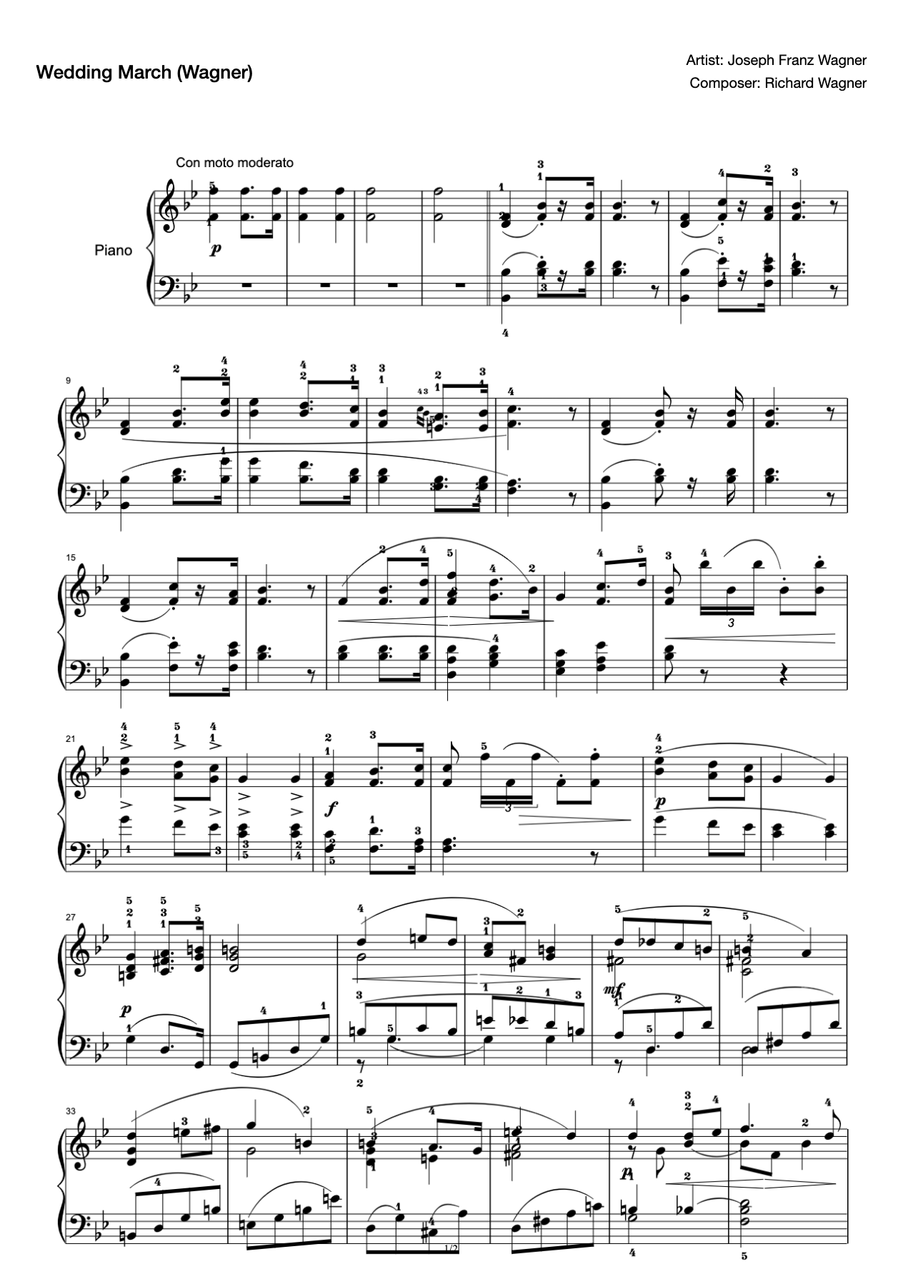 Wedding March-Wagner-with fingering preview