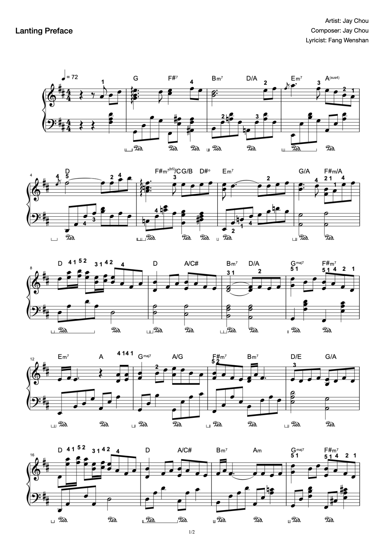 Jay Chou-"Orchid Pavilion Preface" Fine Piano Solo with Chord Markers preview