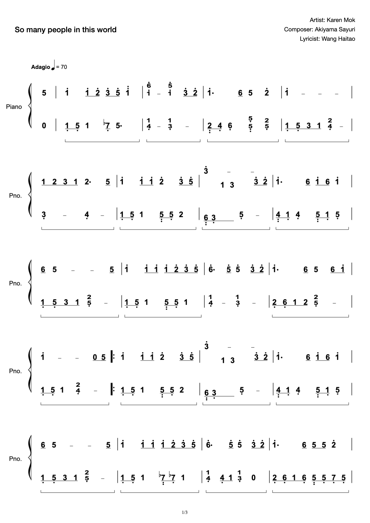 There are so many people in this world, the simple version of C major, the theme song of the movie "I want us to be together" sung by Karen Mok preview