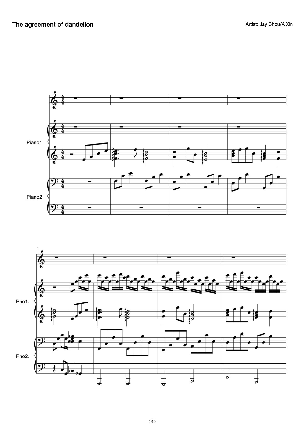 The agreement of dandelion (four hands playing accompaniment score) preview