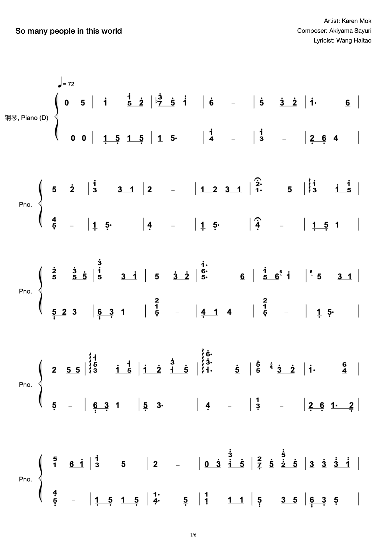 Mo Wenwei's Piano Score of "So Many People in This World" preview