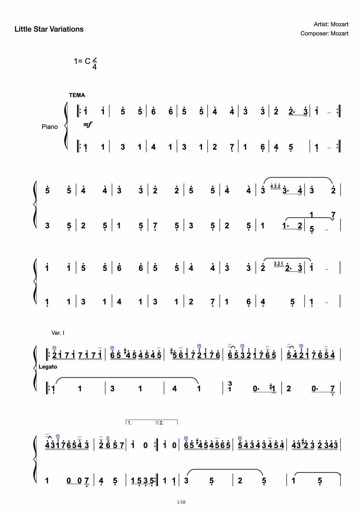 Mozart Little Star Variations K.265 (with fingering) preview