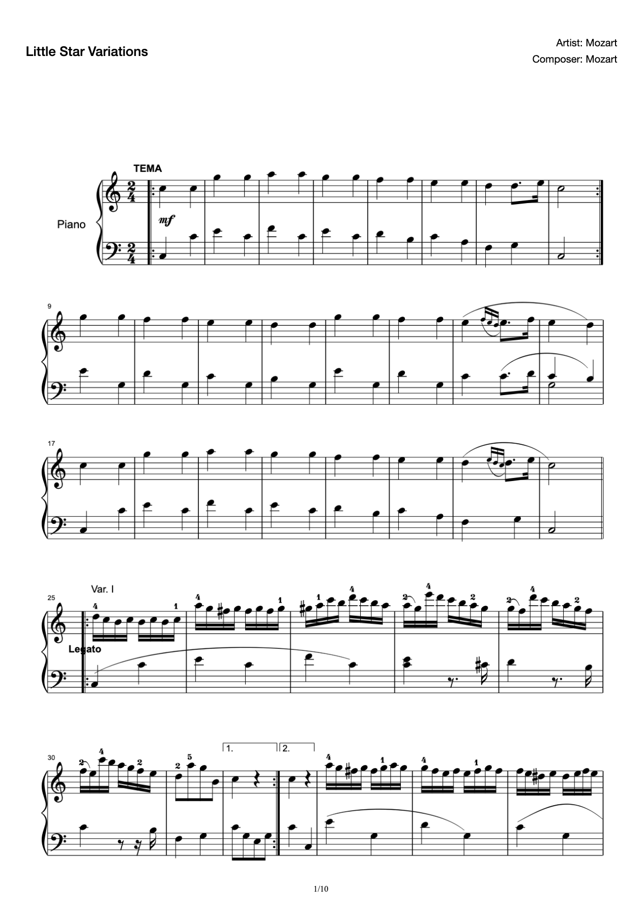 Mozart Little Star Variations K.265 (with fingering) preview