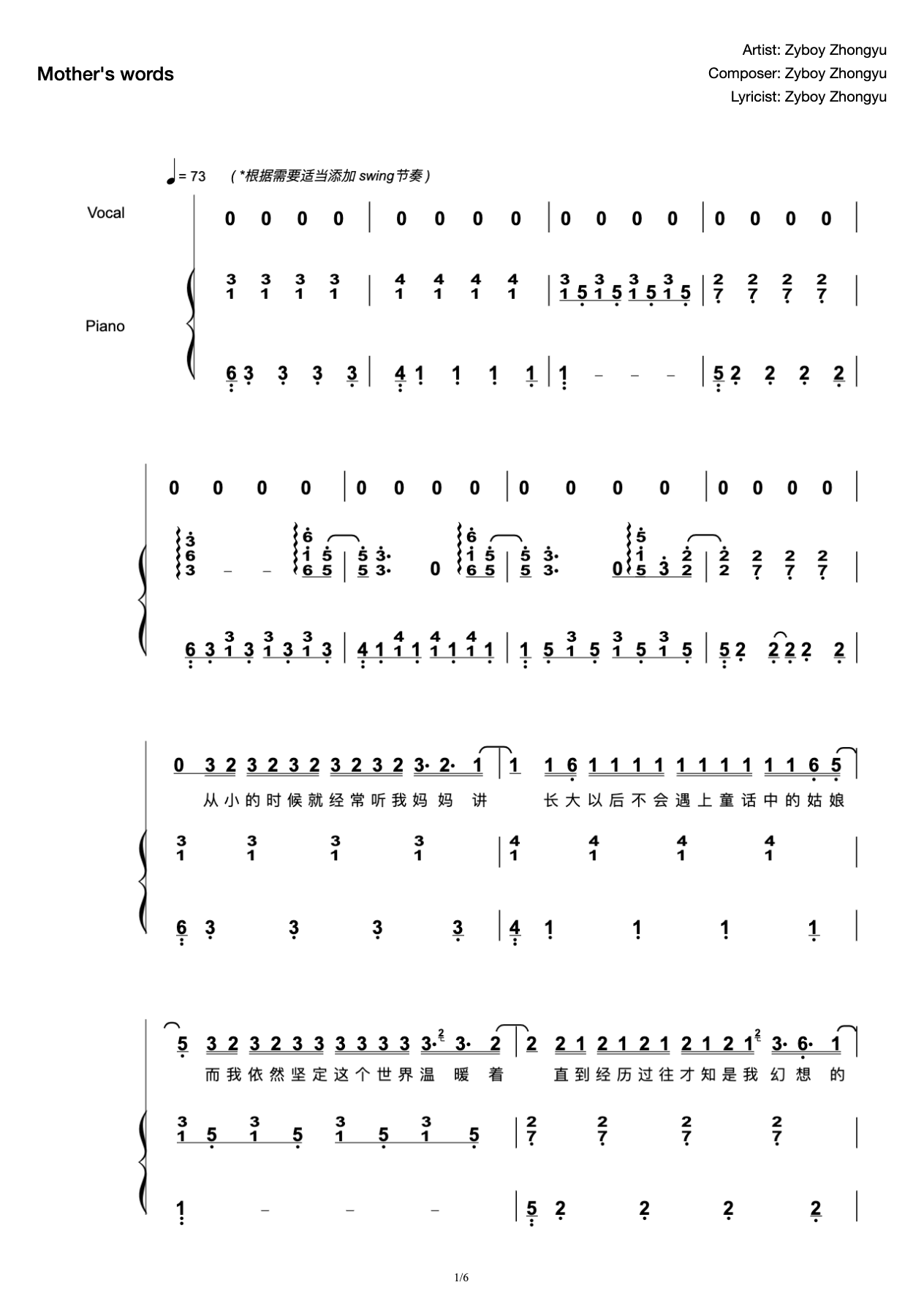 "Mother's Words" Playing and Singing Accompaniment-High Reduction (Zyboy Zhongyu) preview