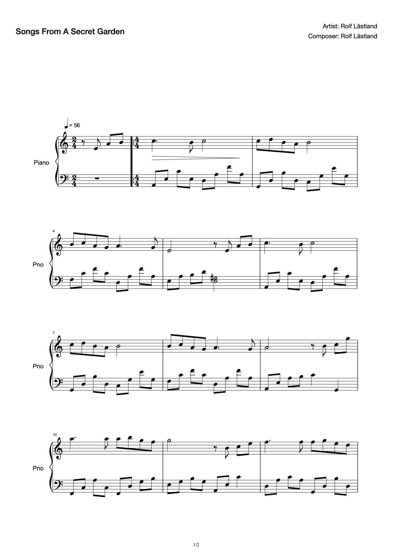 Song of the Secret Garden in C Major Beginner Simple Solo Piano Score with Demonstration Audio preview