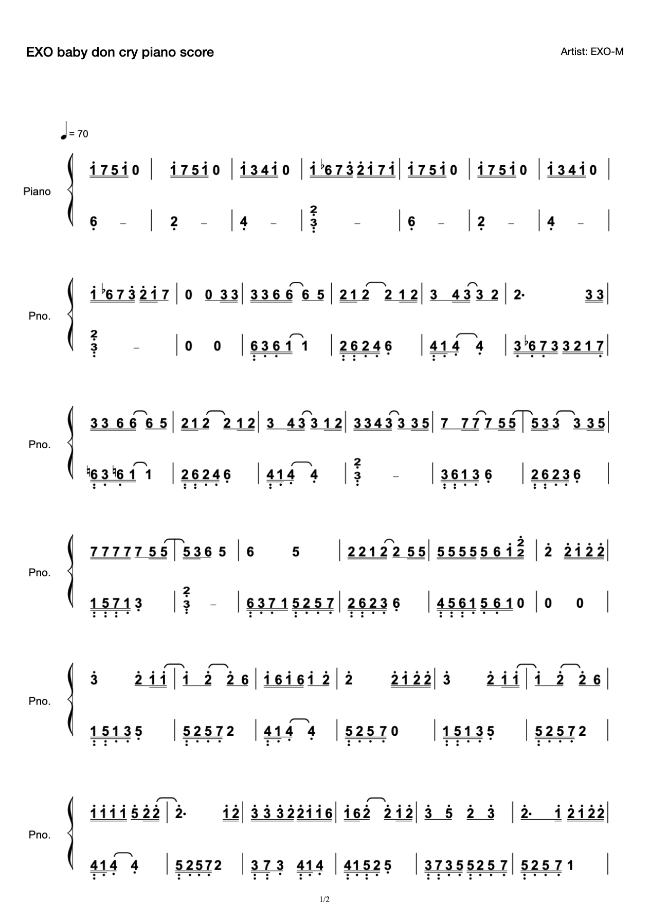 EXO baby don cry piano score preview