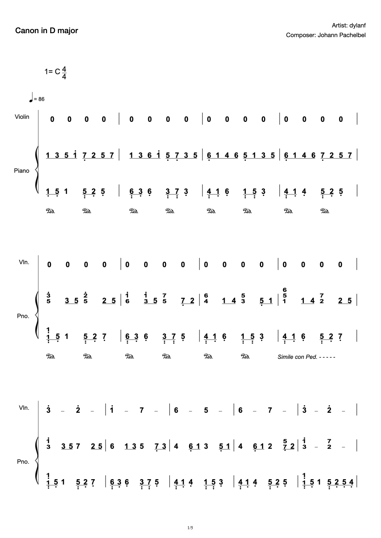 Canon in C (Piano Violin Edition) Romantic Love dylanf Classic Canon Canon in D Major in D Major preview