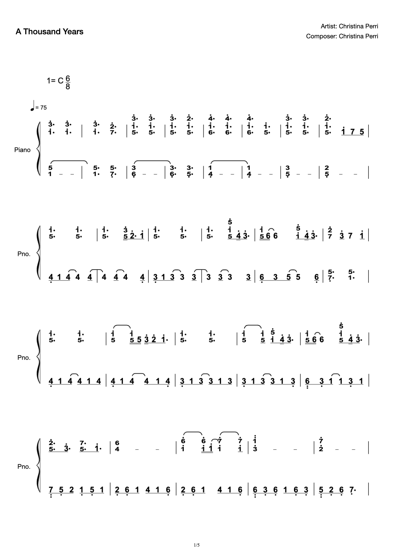 C Tune Easy to Play A Thousand Years "Twilight" Interlude Theme Song Christina Perri One Thousand Years preview