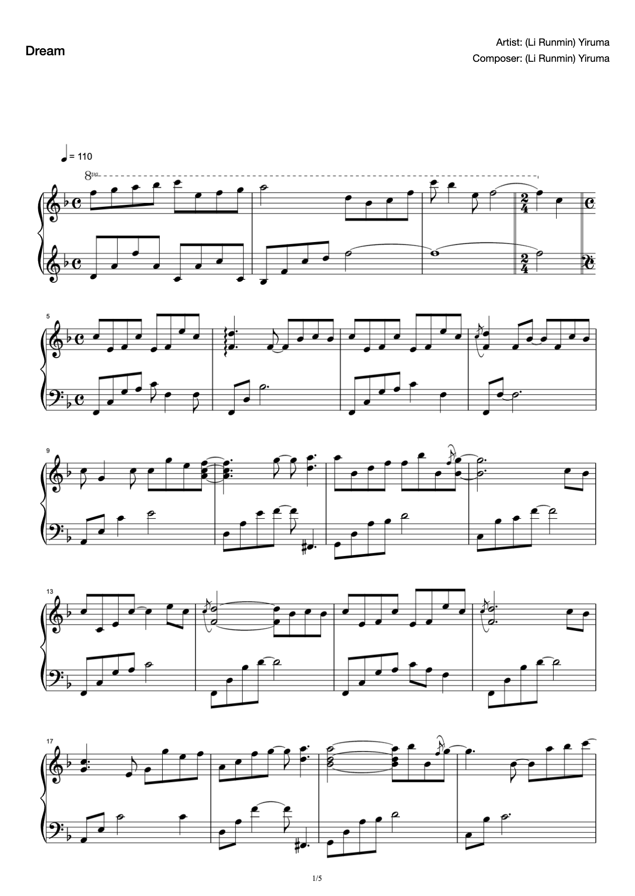 Dream (Piano Solo)(Li Runmin) Yiruma Piano Score preview