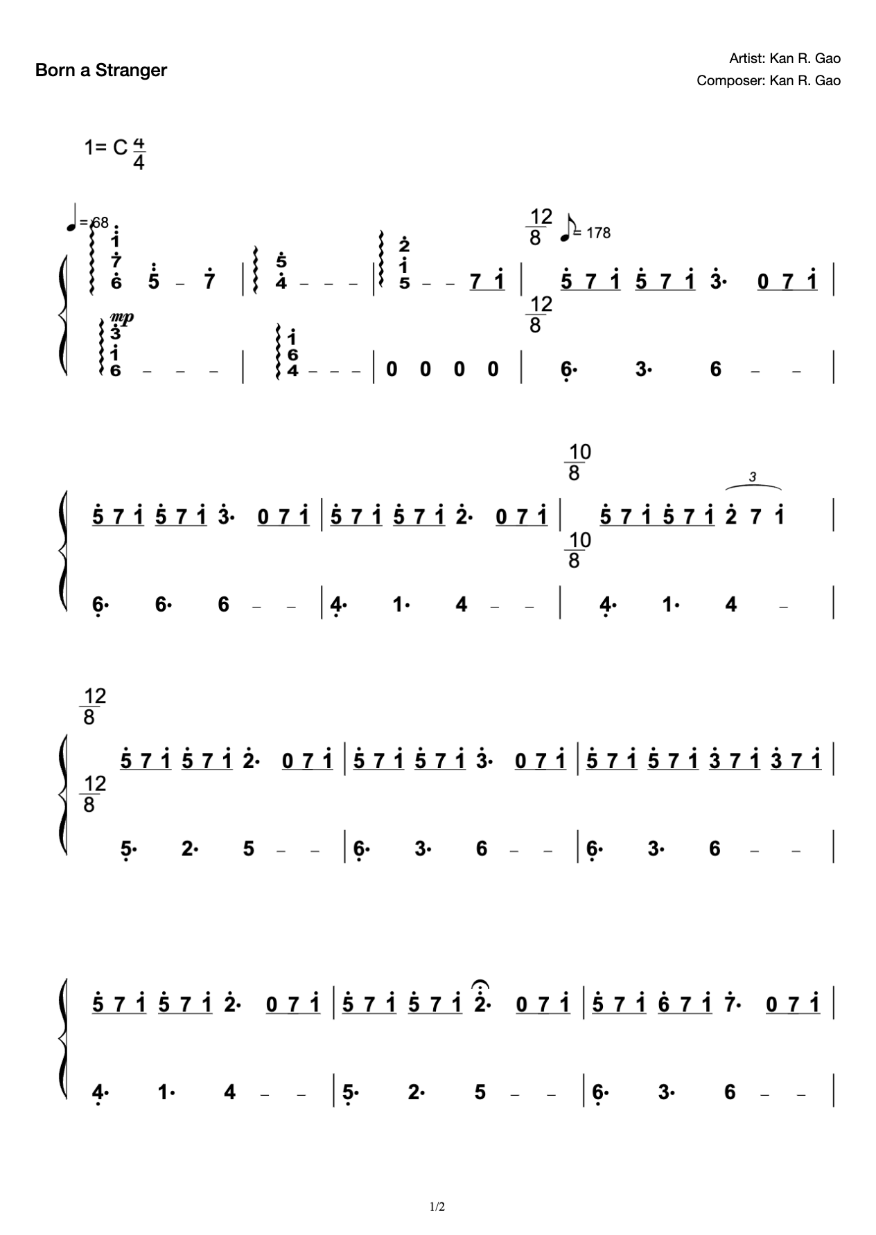 Born a Stranger-simple c key-to the moon-born and strangers-Kan R. Gao-Born a Stranger piano score-to the moon piano score staff-to the moon preview