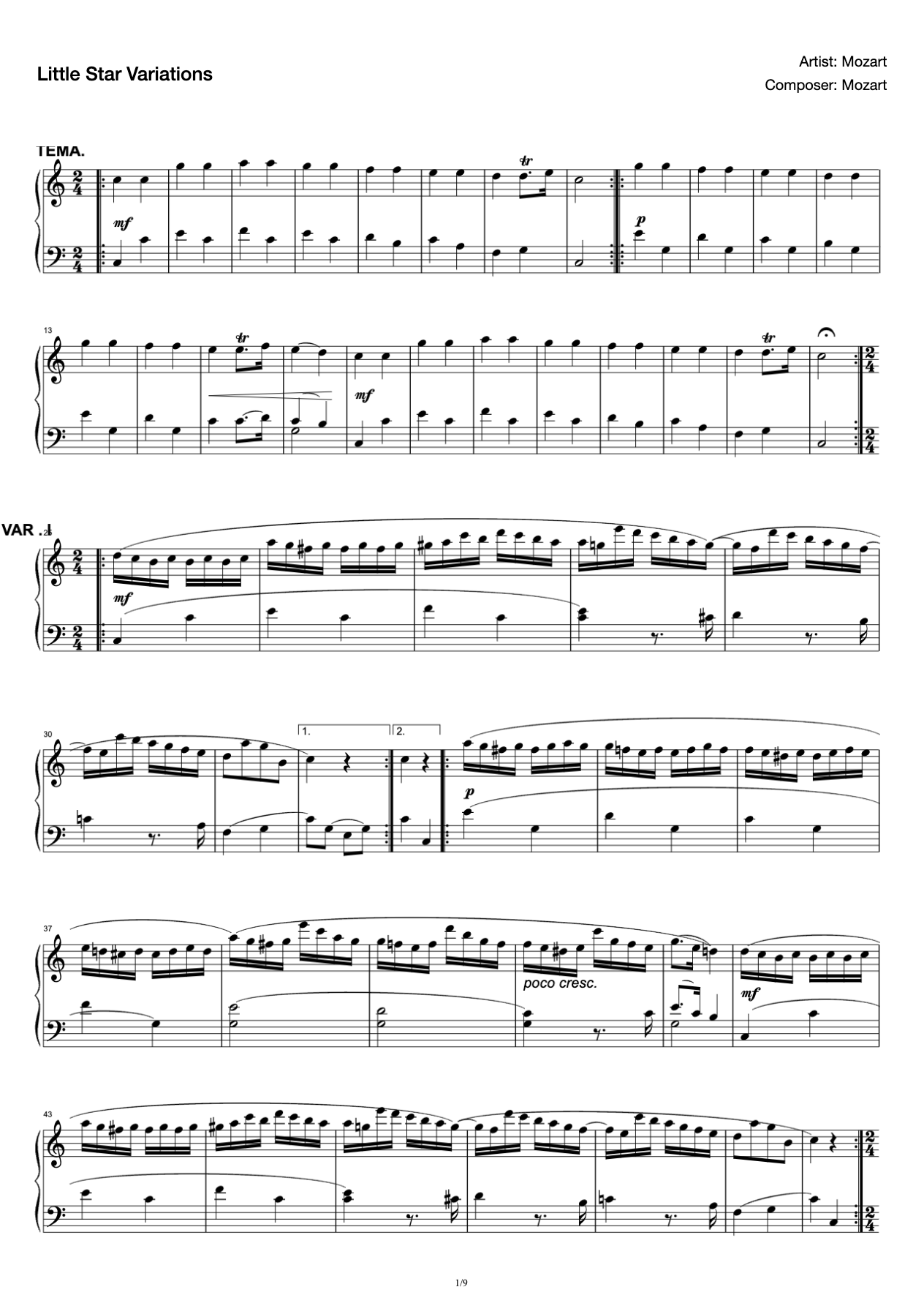 Little Star Variations [Original]-Mozart-Mozart: 12 Variations on in C Major on "Ah, vous dirai-je, Maman", K.265/300e, Little Star Variations Piano, Little Star Variations Stave preview