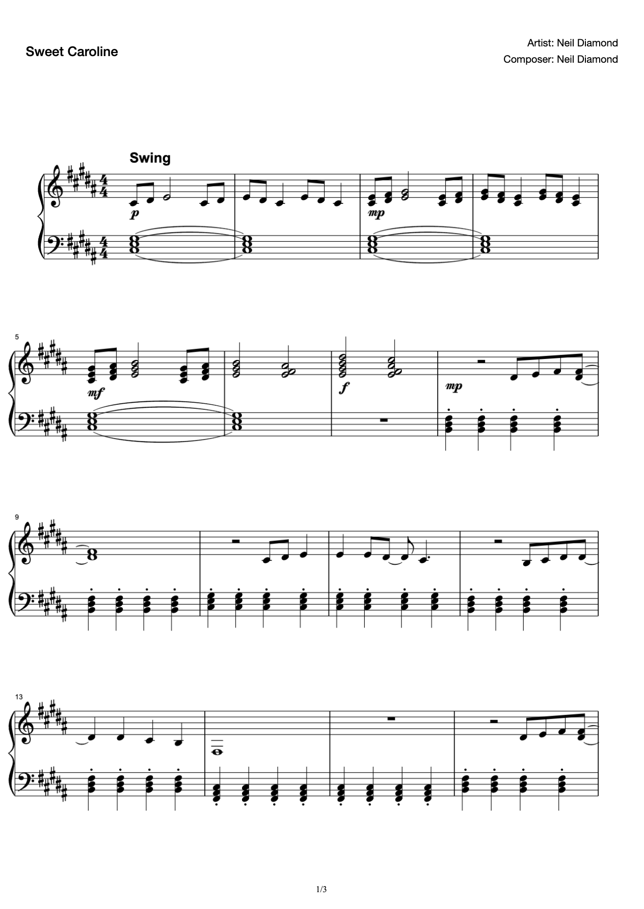 Sweet Caroline Simple Edition Piano Solo Neil In B Major In Diamond preview