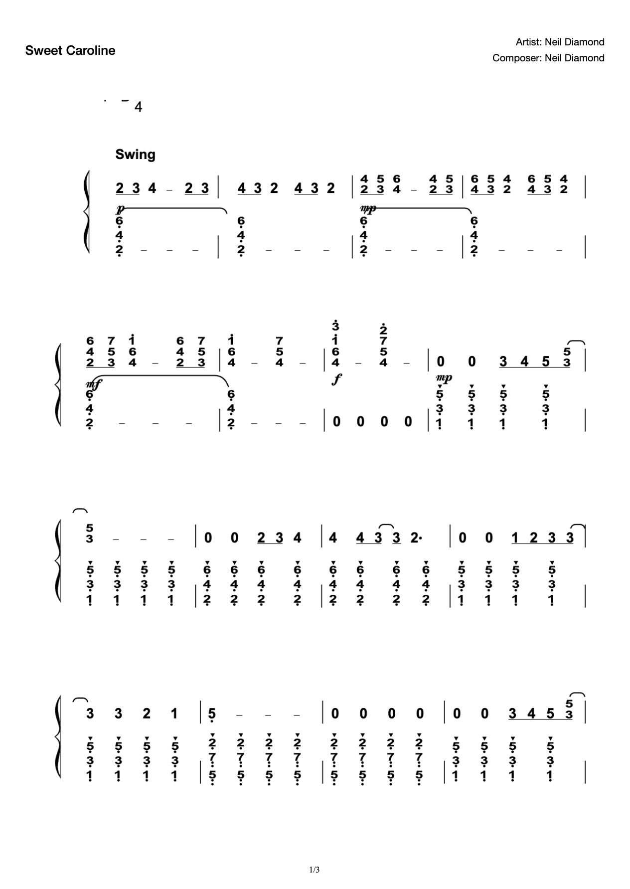 Sweet Caroline Simple Edition Piano Solo Neil In B Major In Diamond preview