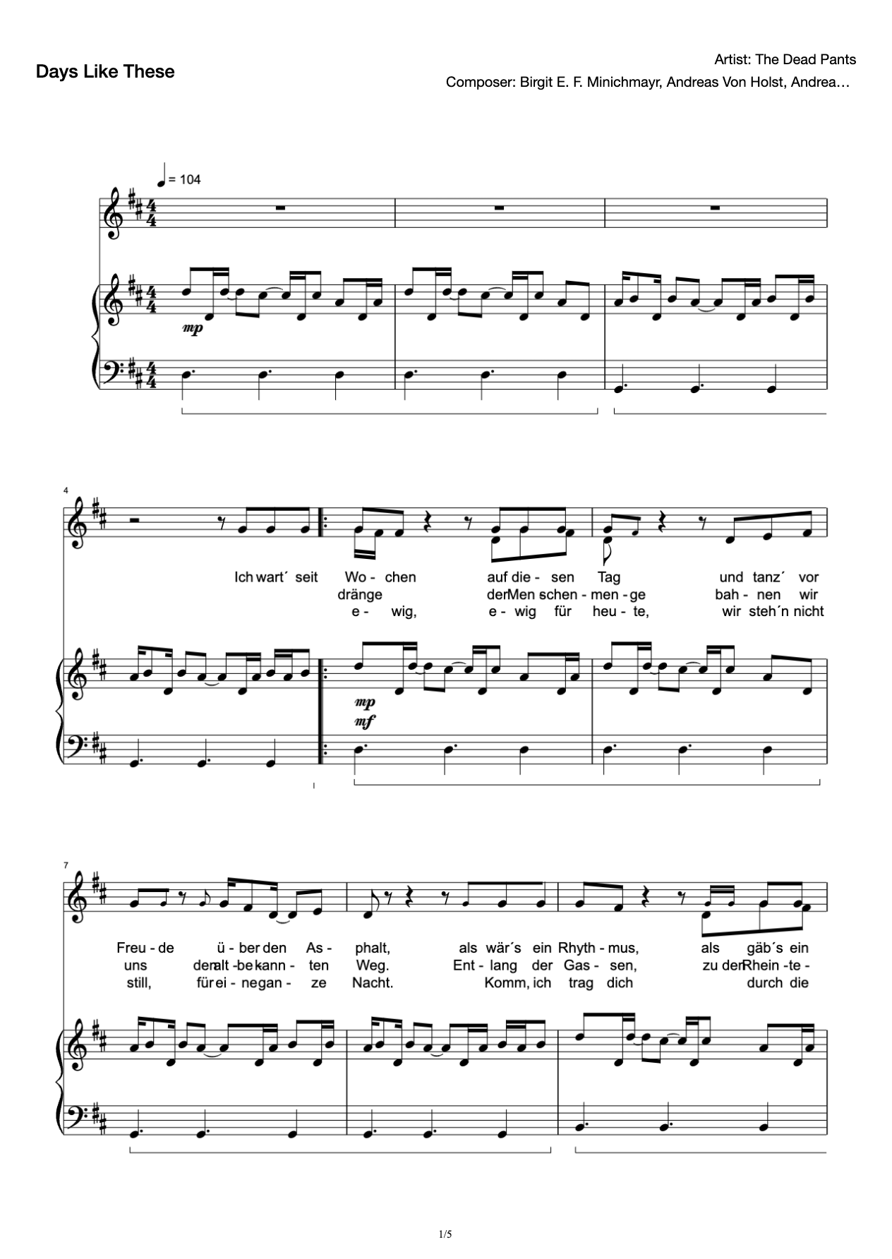 Tage Wie Diese Vocal Piano Accompaniment Singing Score Die Toten Hosen preview