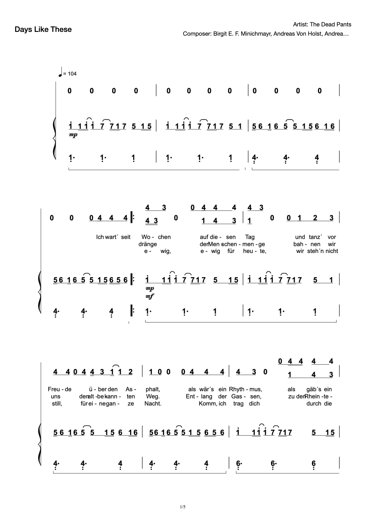 Tage Wie Diese Vocal Piano Accompaniment Singing Score Die Toten Hosen preview