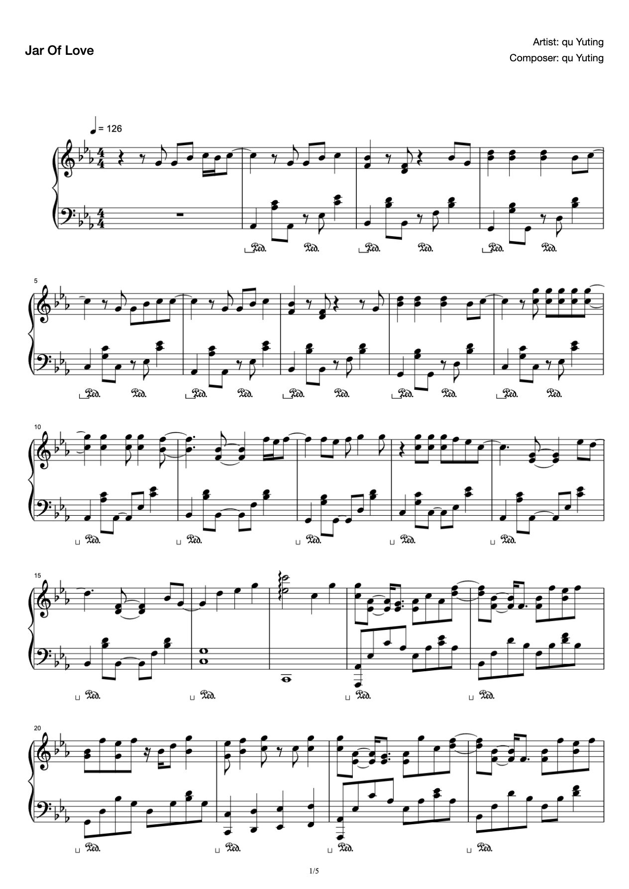 Qu Wanting-"Jar Of Love" Piano Solo Score preview