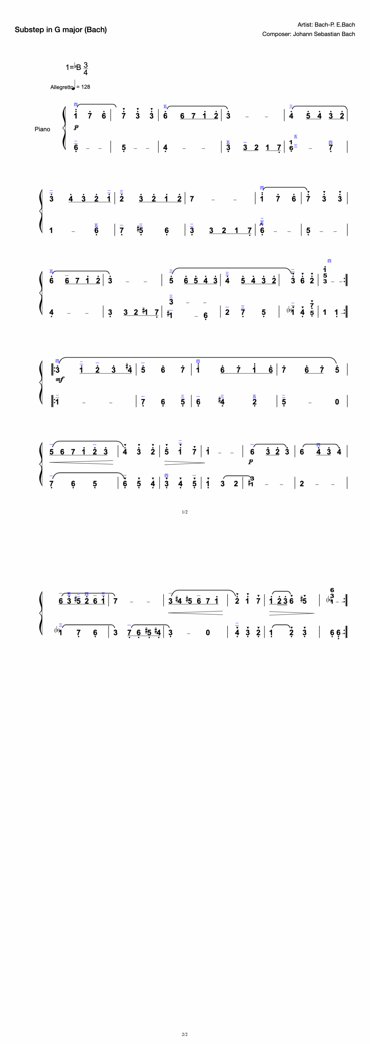 minuet (g major)-bach-whole fingering preview