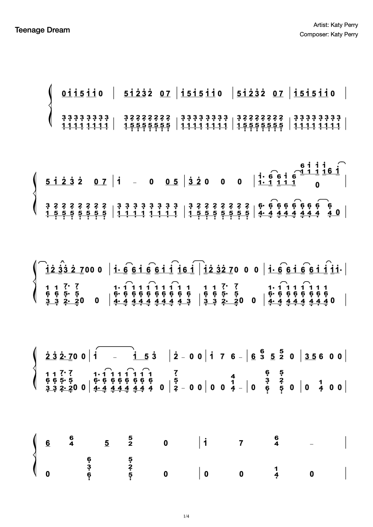 "Teenage Dream" C Tone Simple Edition Music Score preview