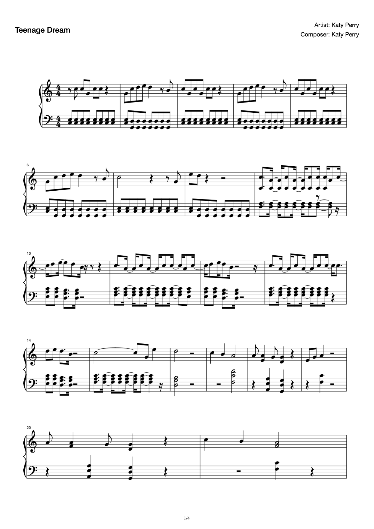 "Teenage Dream" C Tone Simple Edition Music Score preview