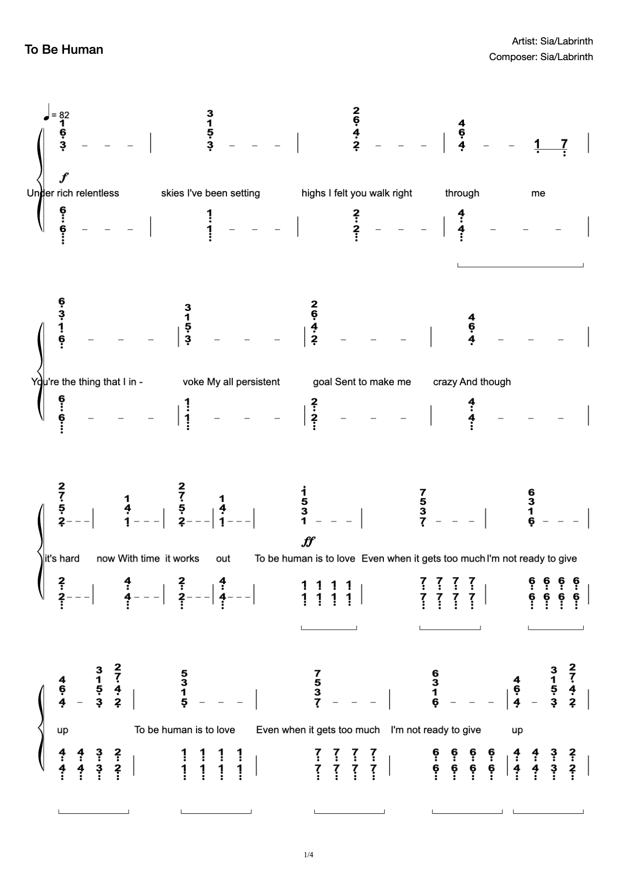 To Be Human-Sia (Shiya)/Labrinth [C Tune with Lyrics Accompaniment Version]] preview