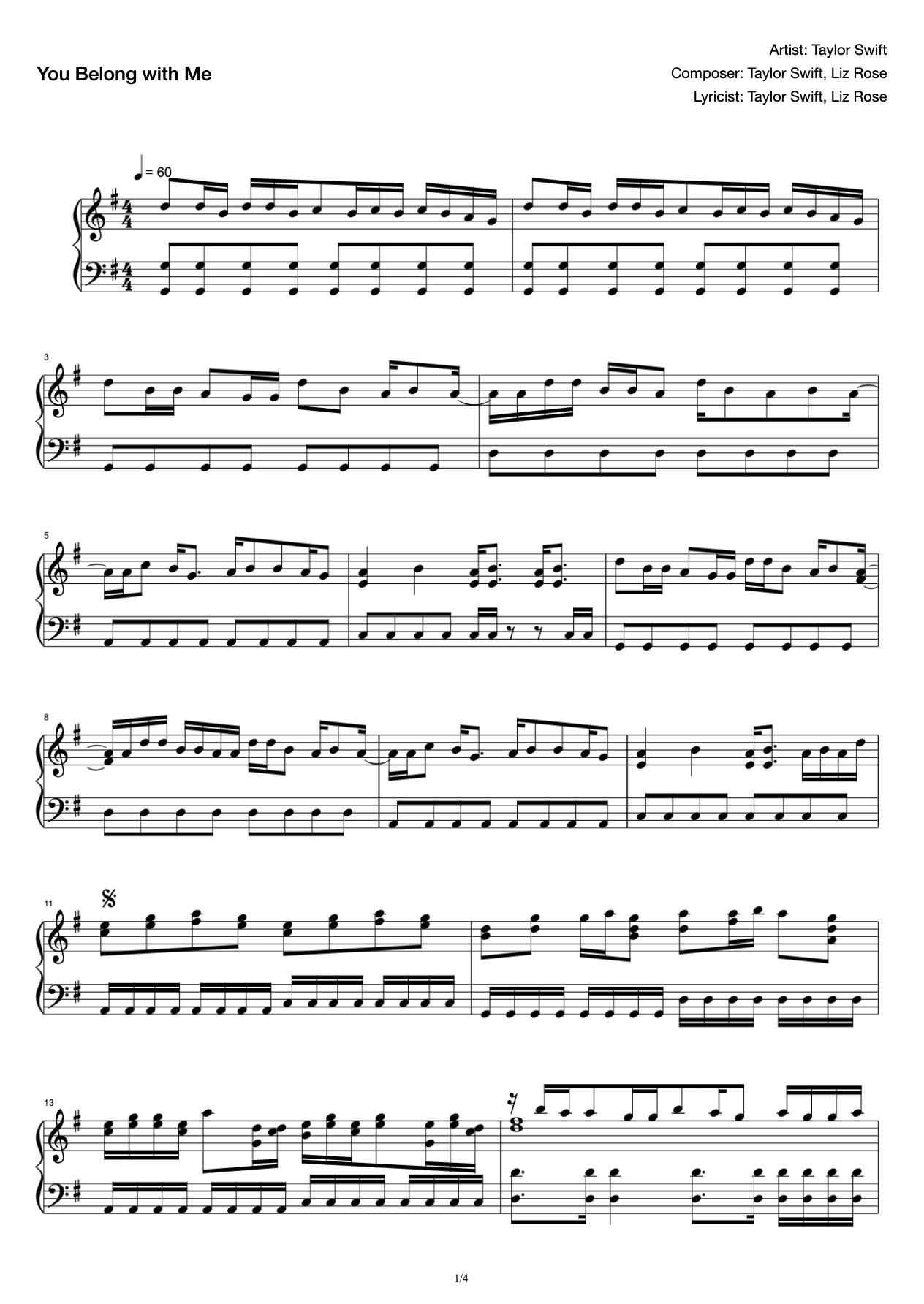 "You Belong with Me" Taylor Swift Piano Solo Intermediate Edition preview