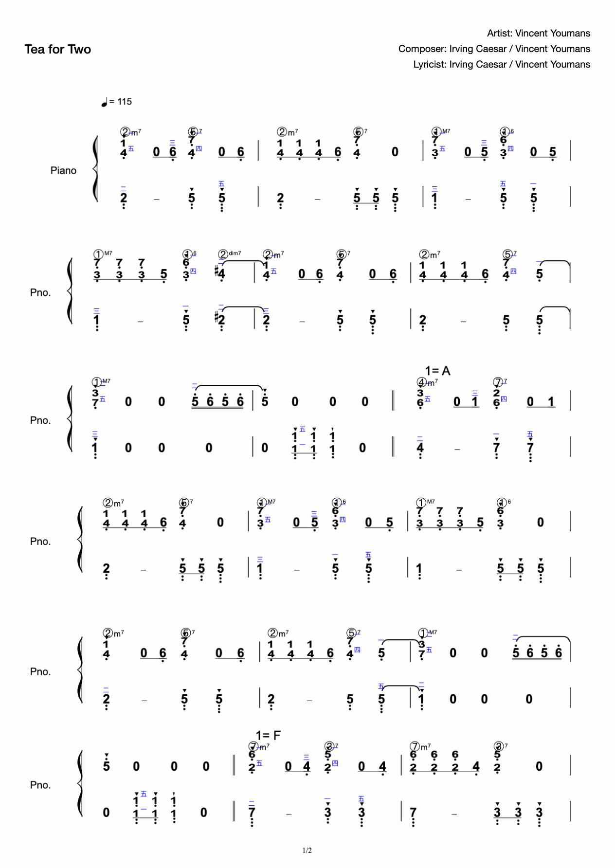 Tea for Two Simple Edition (with fingering and chord markers) preview