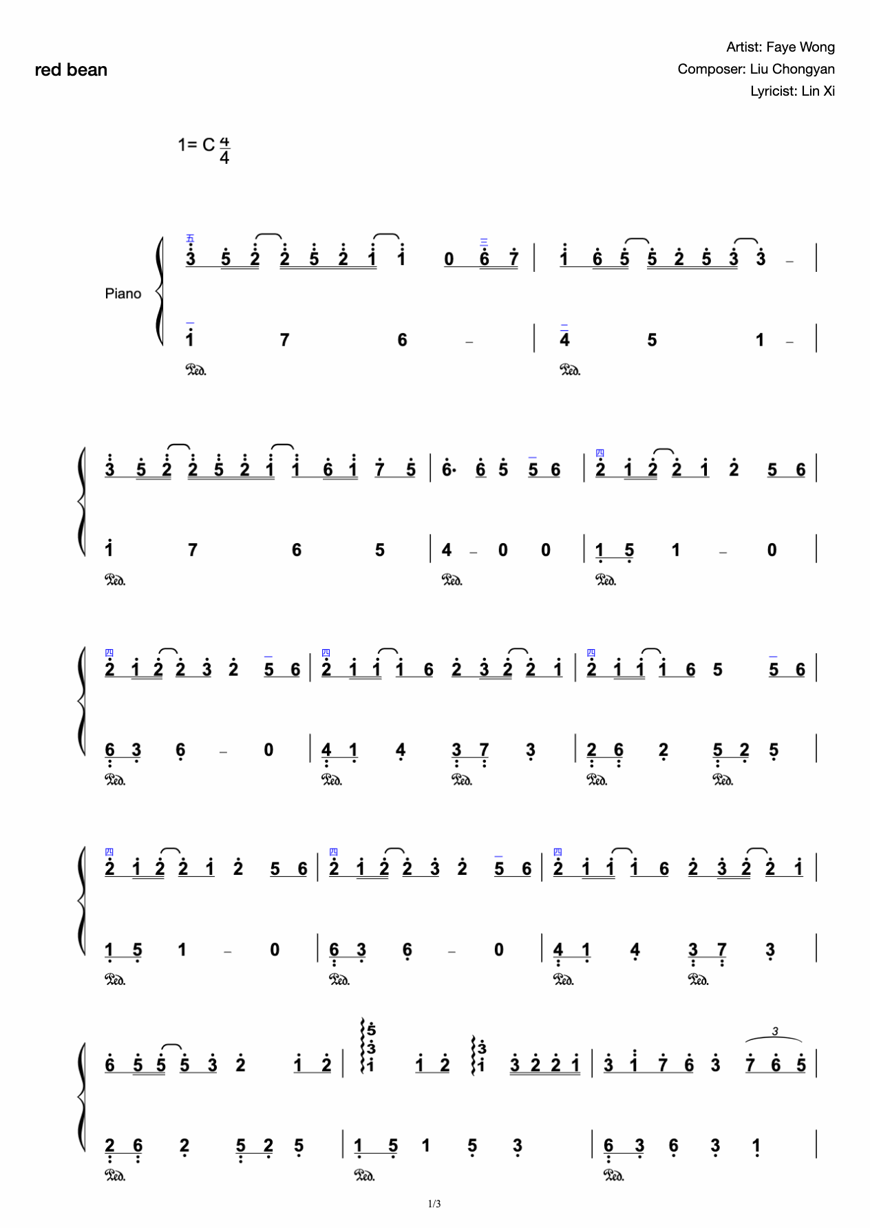 Red Bean-Faye Wong-Simple C Major preview