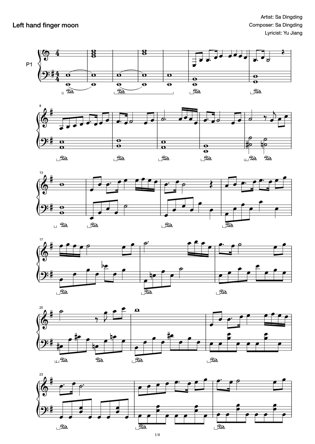 Left Hand Finger Moon "Sweet Honey and Ember as Frost"-G-key Piano Solo Score preview