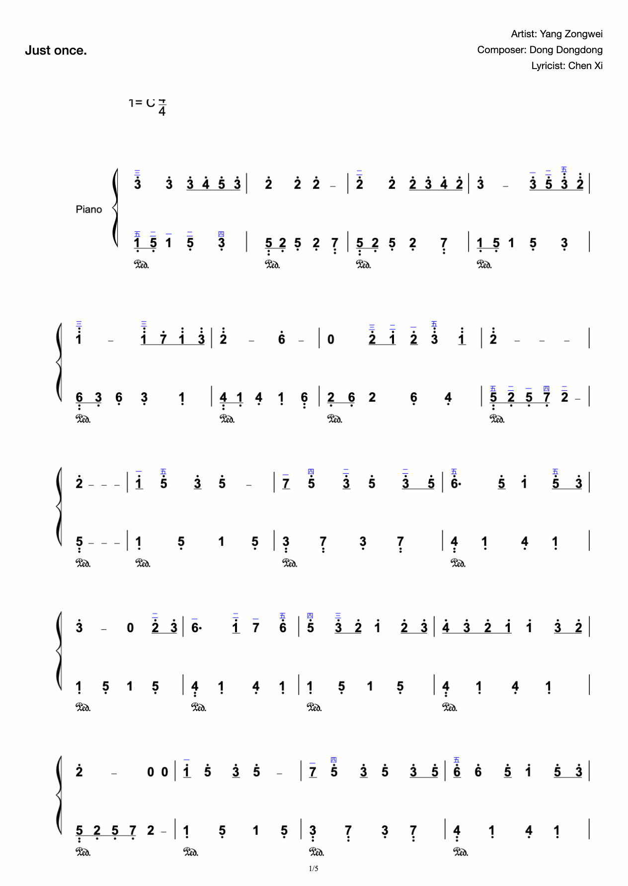 Just once-Yang Zongwei-Simple C Major preview