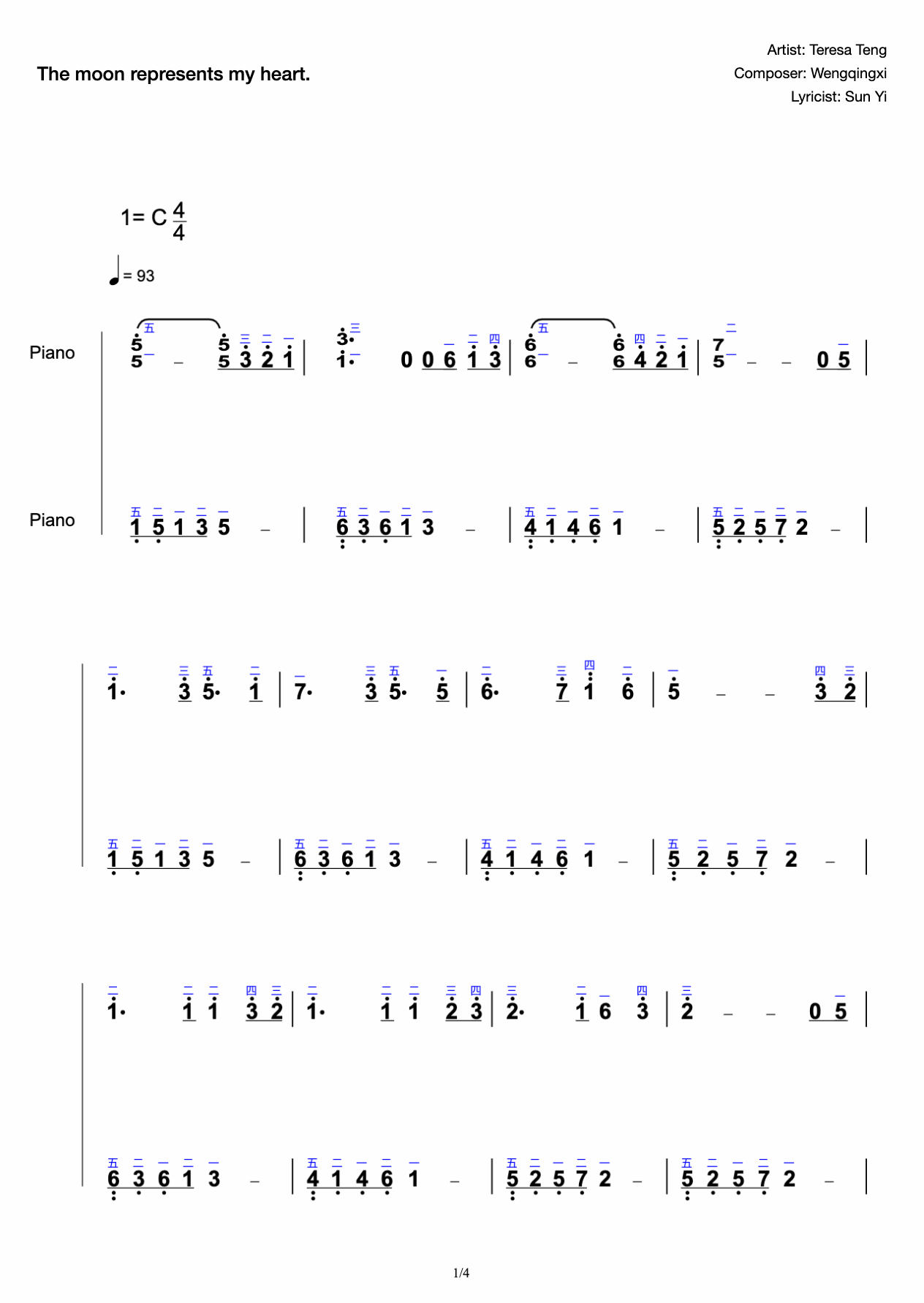 The Moon Represents My Heart Complete Fingering C- Tone Beginners Preferred Super Simple Edition preview