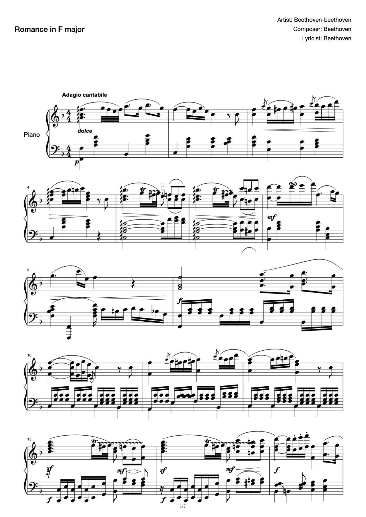 Beethoven Romance in F major (Op.50) Piano Edition preview