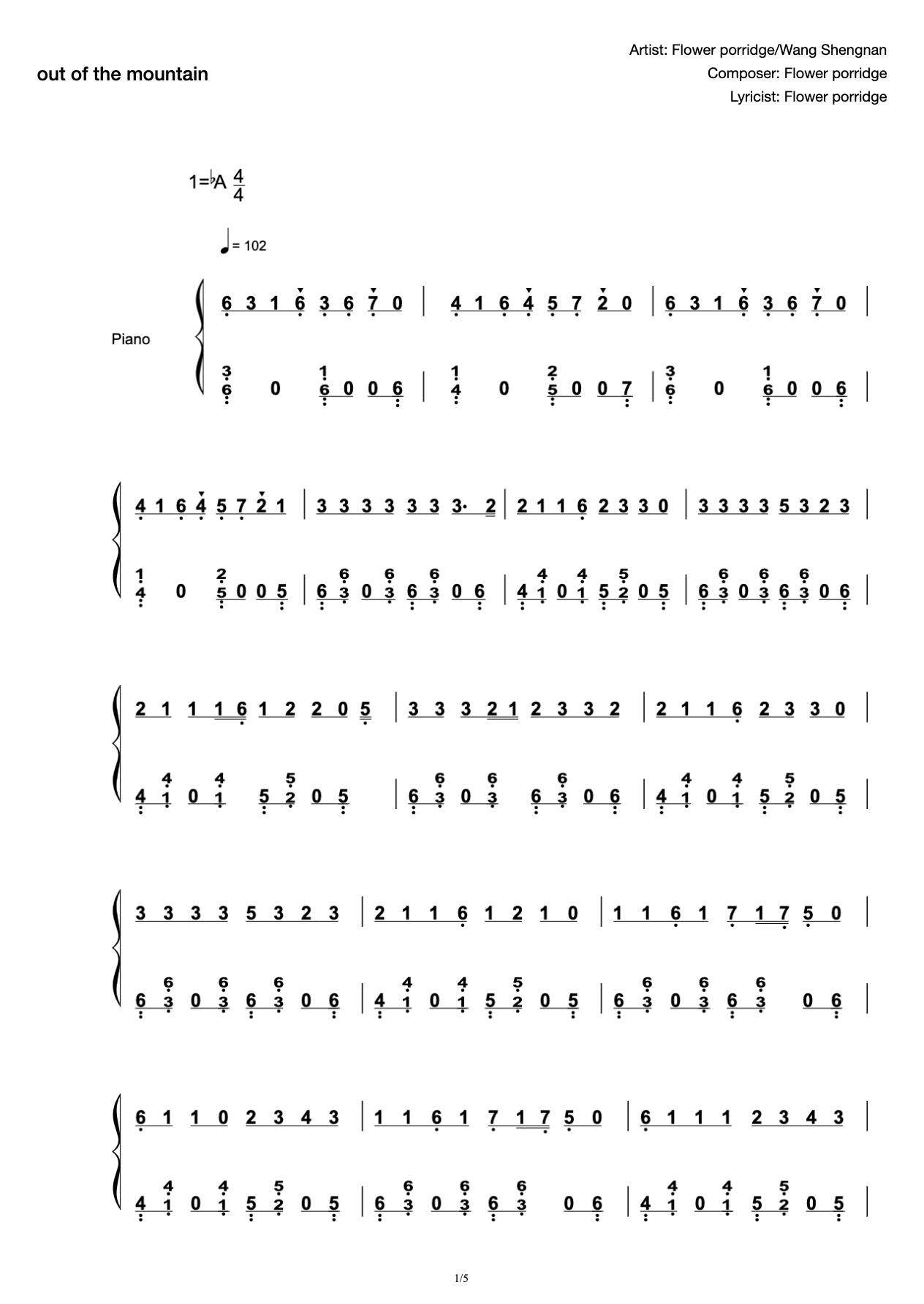 Flower porridge, Wang Shengnan-mountain [solo score]] preview