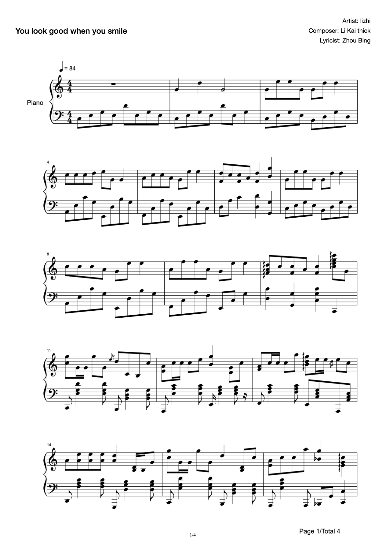 You look good with a smile. Full version of solo piano score demonstration audio in C key. preview