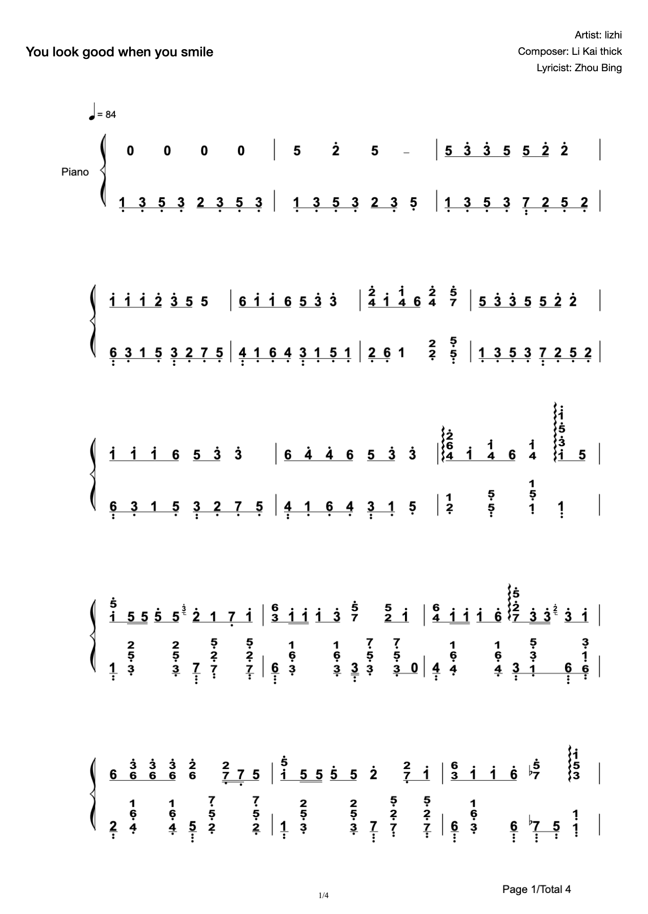 You look good with a smile. Full version of solo piano score demonstration audio in C key. preview