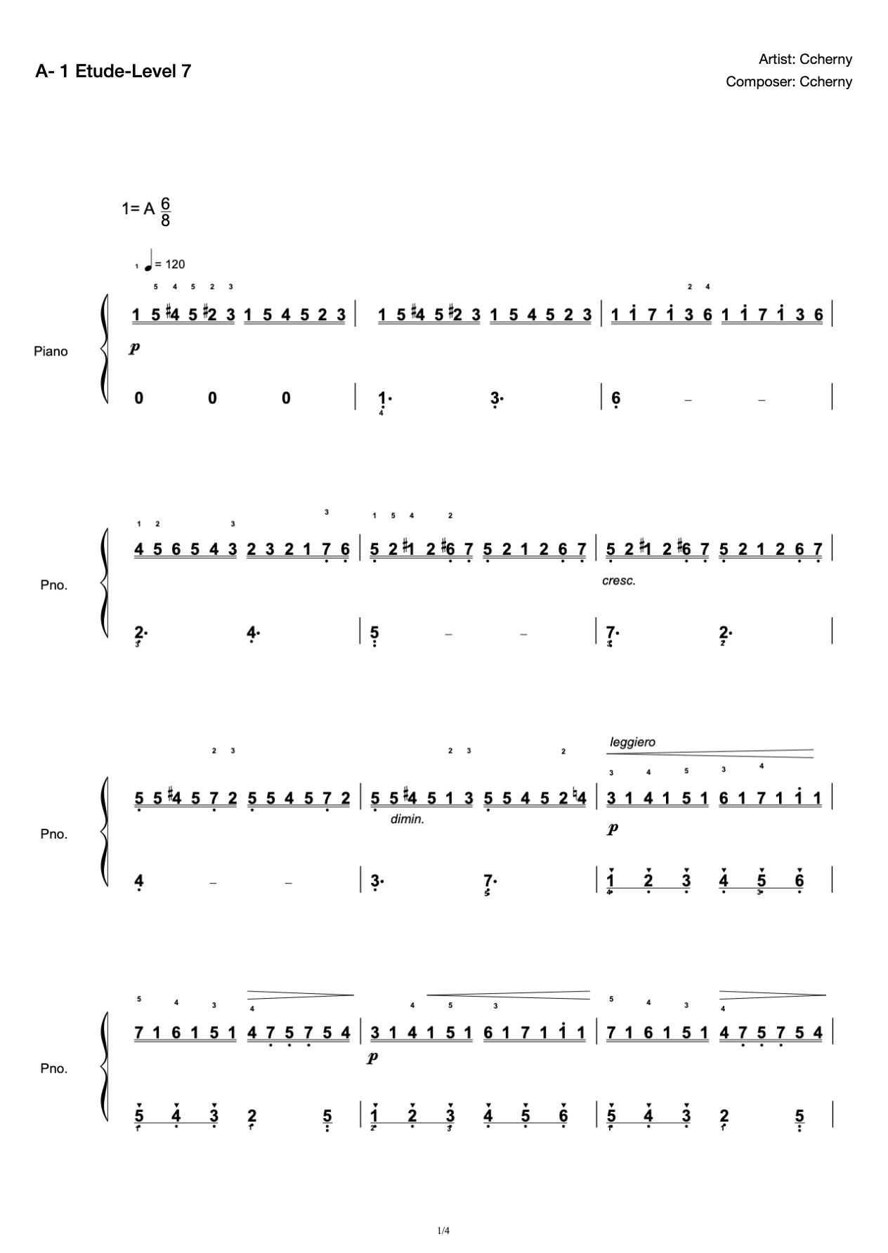 [Grade 7] A- 1 Etude [with Fingering](2019 New Edition Piano Test) preview