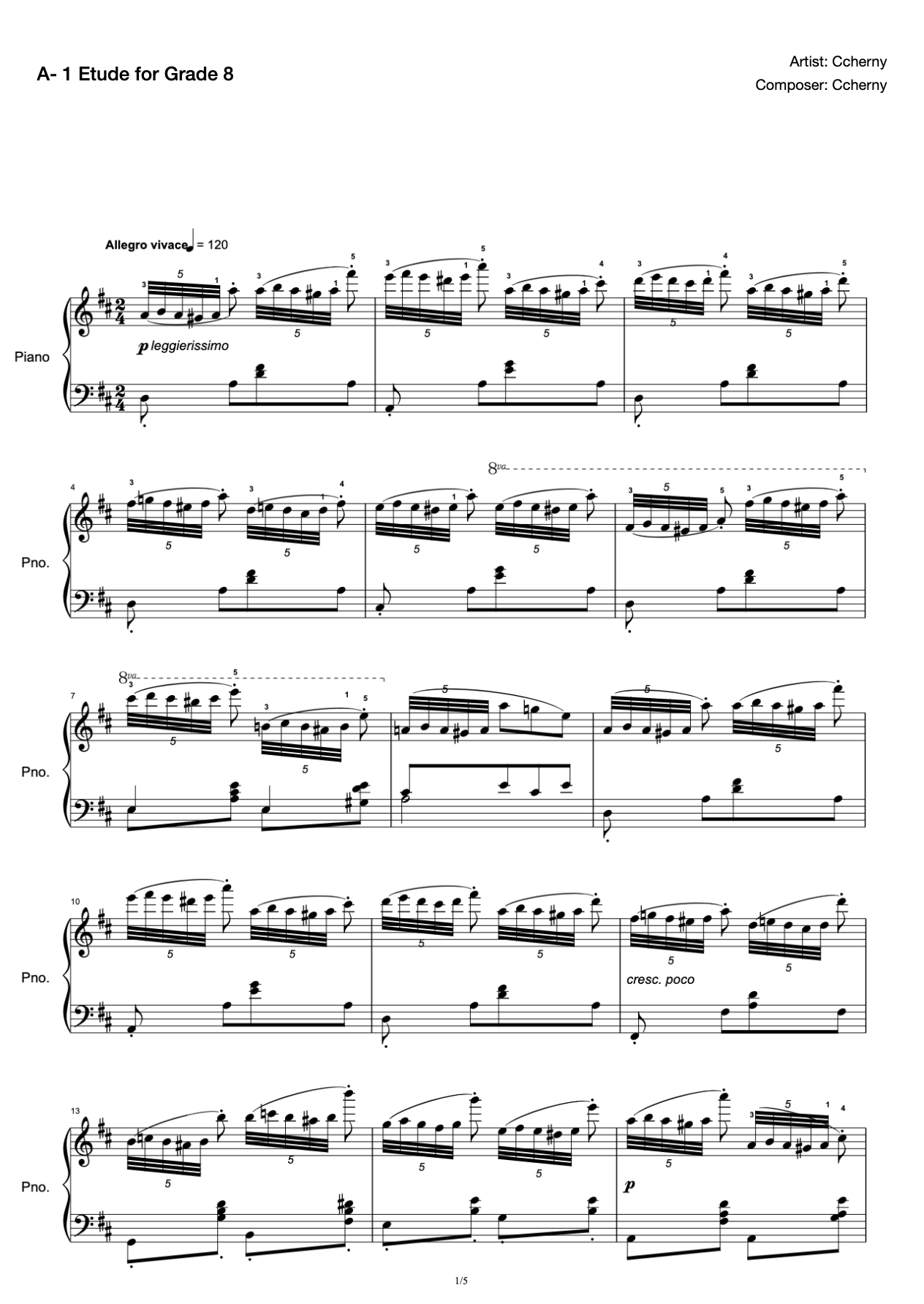 [Grade 8] A- 1 Etude [with Fingering](2019 New Edition Piano Test) preview