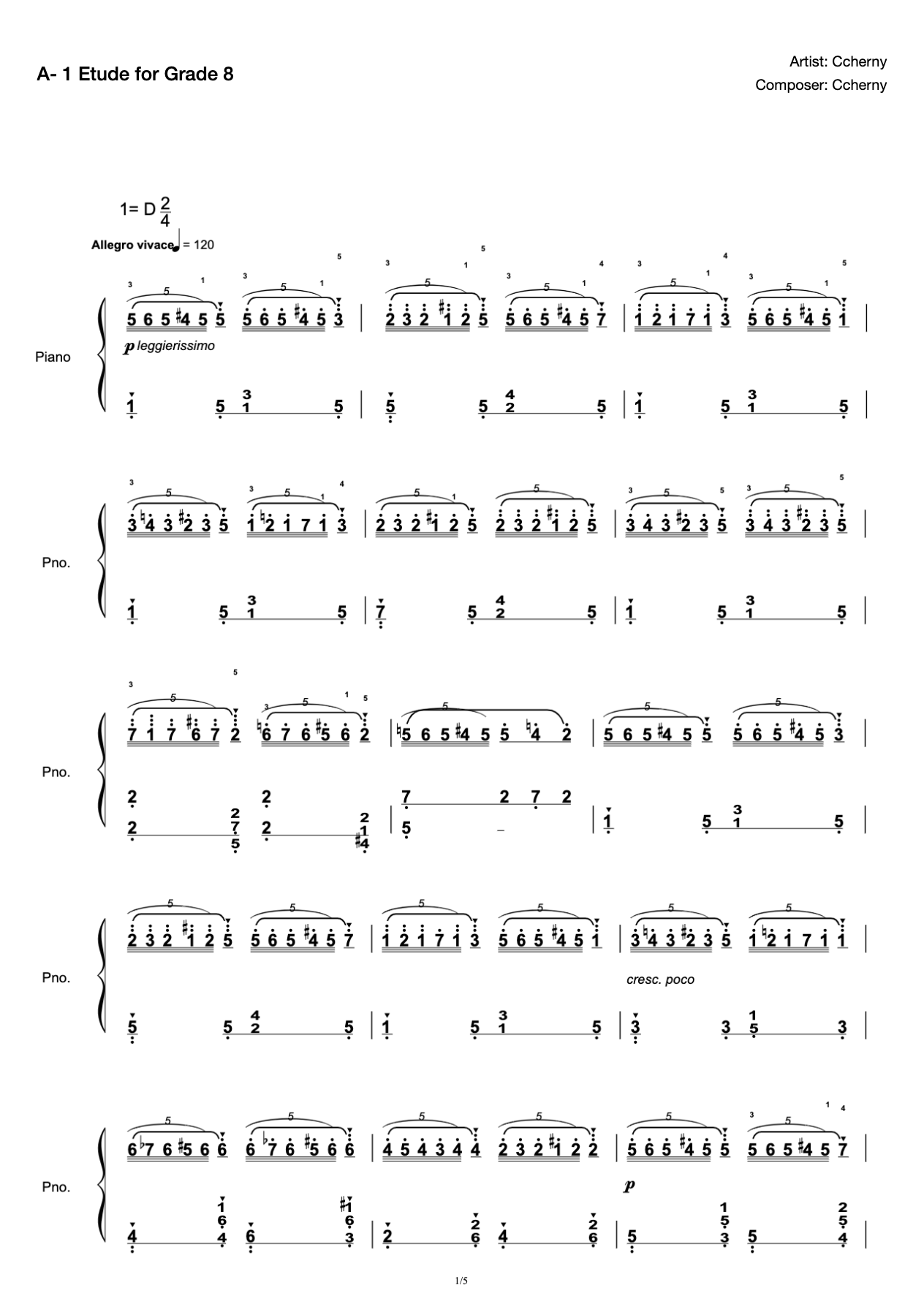 [Grade 8] A- 1 Etude [with Fingering](2019 New Edition Piano Test) preview