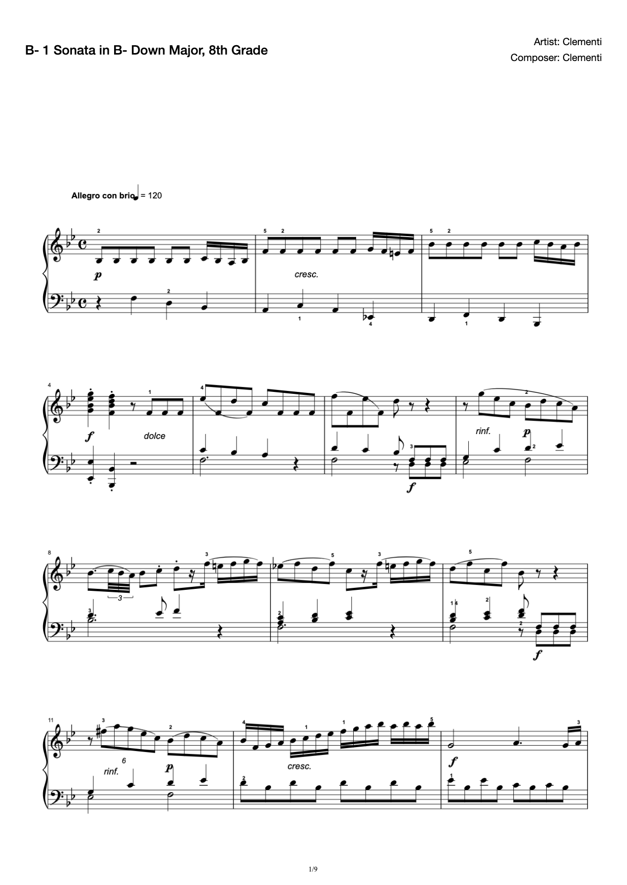 [Grade 8] B- 1 Sonata in B- flat major [with fingering](2019 New Edition Piano Test) preview