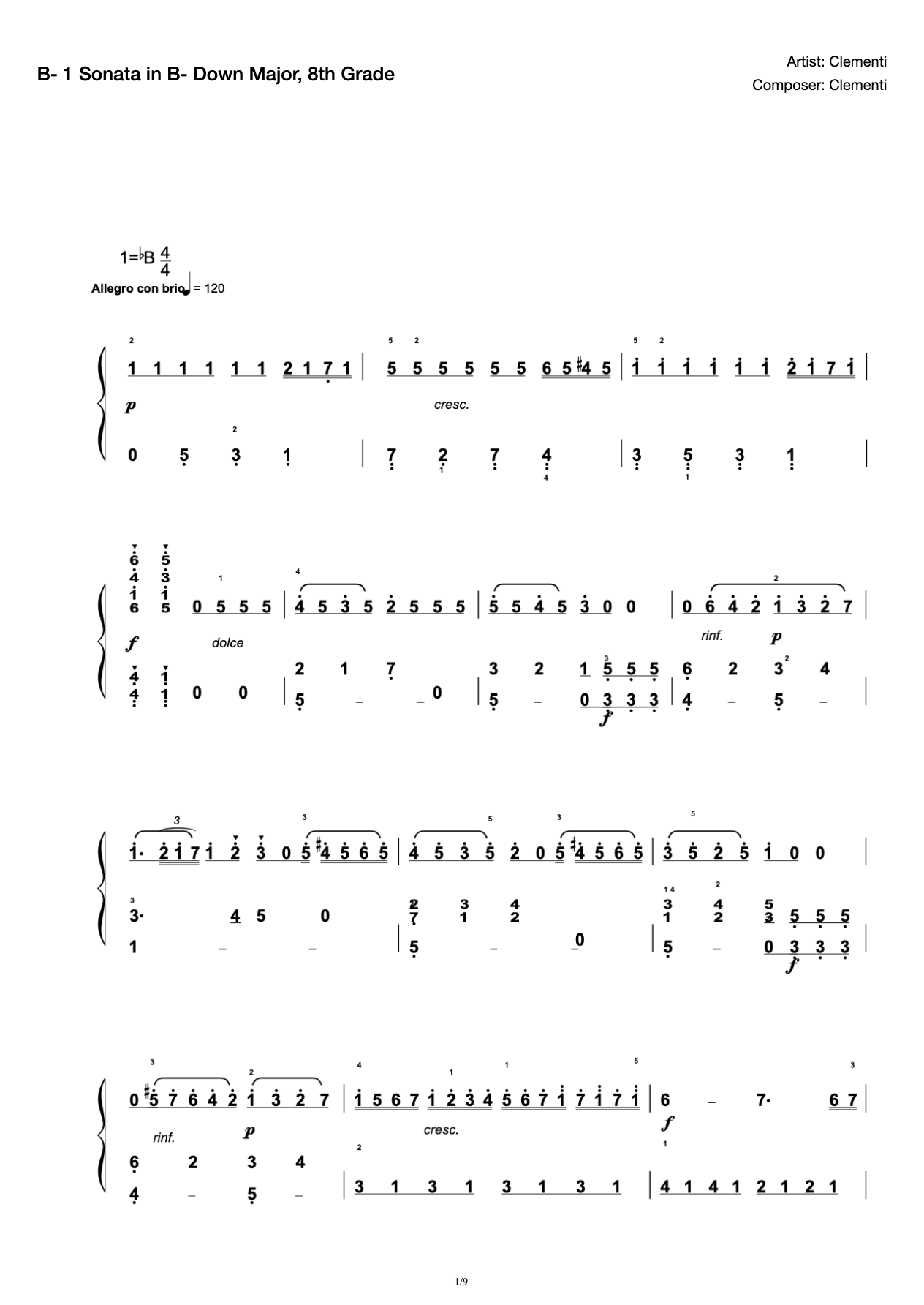 [Grade 8] B- 1 Sonata in B- flat major [with fingering](2019 New Edition Piano Test) preview