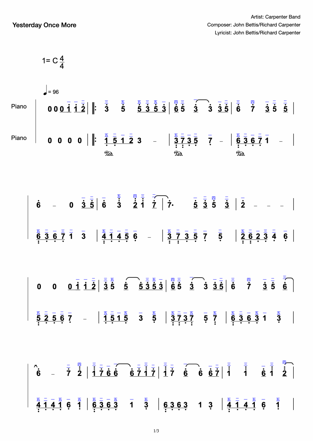 Yesterday to reproduce the complete fingering c tune yesterday once more simplified version preview