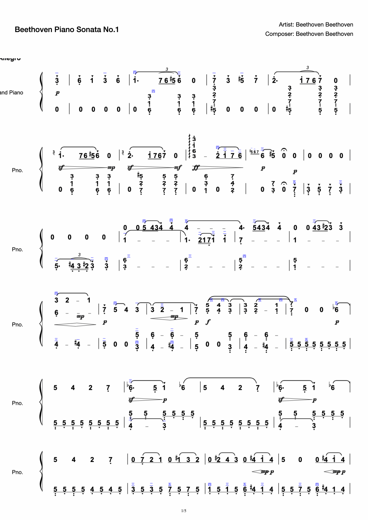 Beethoven Piano Sonata No. 1 op. 2 no.1 first movement with fingering professional proofreading HD preview