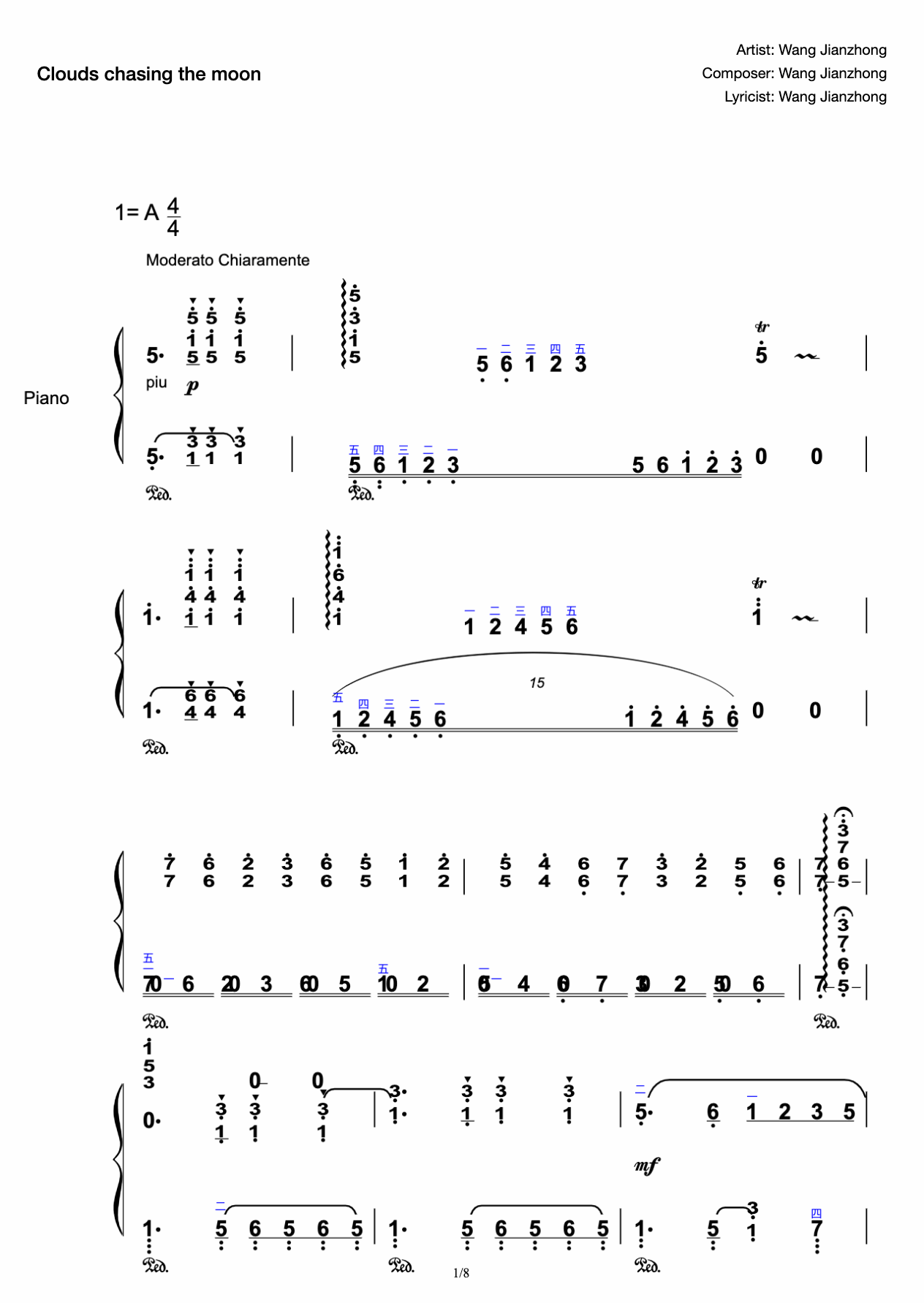 Clouds chasing the moon-Wang Jianzhong-original with fingering preview