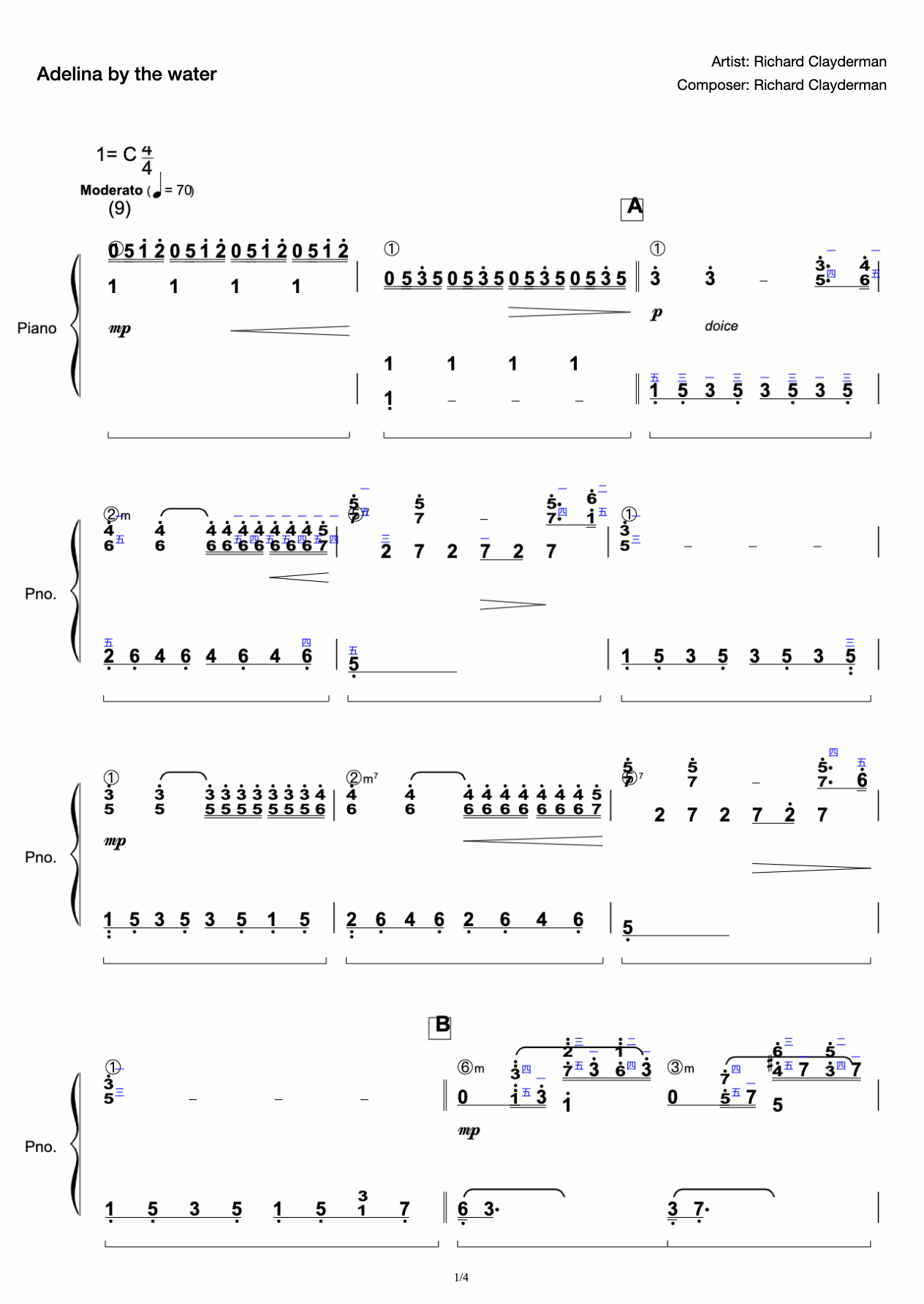 Adirina by the water (original with fingering) Ballade Pour Adeline Richard Clyderman Richard Clayderman Richard Clyderman preview
